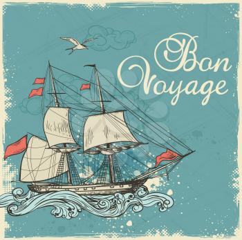 Vintage blue travel background with sailing ship. Hand drawn vector illustration