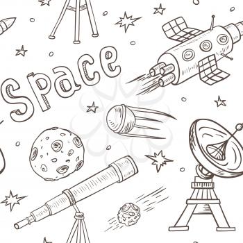Vector hand drawn seamless pattern with space ships on a white background