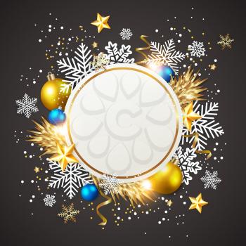 Abstract vector Christmas greeting card. White snowflakes and golden decorations on a black background. 