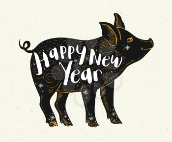Cute pig symbol of Chinese zodiac for 2019 new year. Black silhouette of pig and lettering. Hand drawn vector illustration