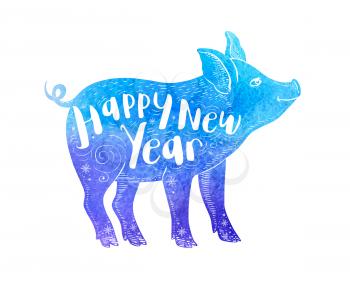 Cute pig symbol of Chinese zodiac for 2019 new year. Blue watercolor silhouette of pig and lettering. Hand drawn vector illustration