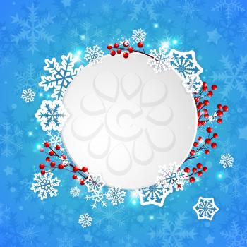 Vector Christmas banner with white paper snowflakes and red berries on a blue background