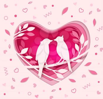 Vector cut out of paper pink heart with two birds on a branch. Romantic Valentine paper cut background. Holiday greeting card