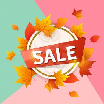 Abstract round banner for seasonal fall sale. Autumn vector background with orange falling maple leaves. 