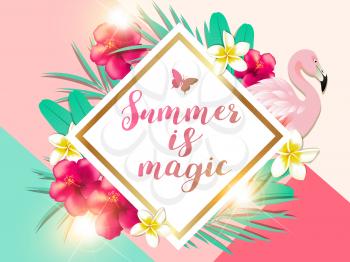 Summer tropical background with green palm leaves, pink flamingo and red hibiscus flowers. Summer is magic  lettering. 