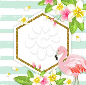 Summer vector tropical background with plumeria flowers, green leaves and pink flamingo. 