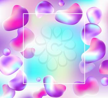 Abstract bright vector colorful  background with falling drops of liquid. Pink and violet shapes and frame for text on a blurred background.