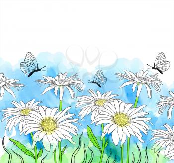 Chamomile flowers and butterfly on a blue watercolor background. Hand drawn vector illustration