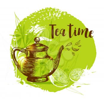 Teapot, lemon and bamboo branch on a green background in vintage style. Lettering Tea time