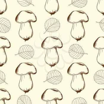 Vintage hand drawn seamless pattern with mushrooms and falling leaves
