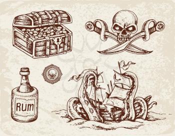 Set of vector hand drawn pirates design elements. Vintage style.
