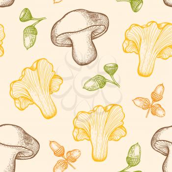 Autumn seamless pattern with forest mushrooms and acorns. Hand drawn vector background in vintage style.