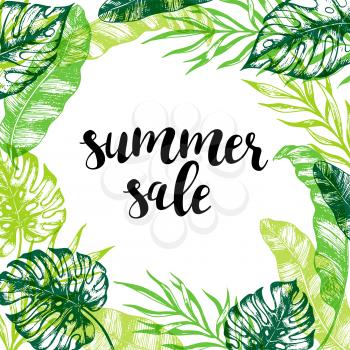 Summer floral tropical background with green palm leaves. Banner for seasonal summer sale. Hand drawn vector illustration
