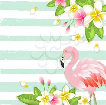 Summer vector tropical background with flowers, green leaves and pink flamingo. 