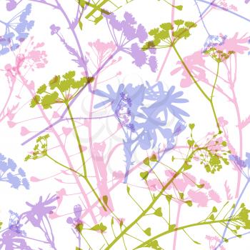 Abstract floral seamless pattern with wildflowers and leaves on a white background.