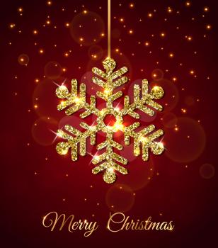 Christmas and new year design with golden glittering snowflake decoration on a red background. Vector illustration