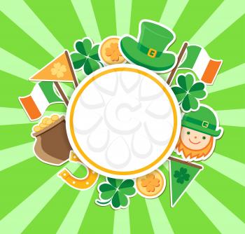 St. Patrick's Day green background with round label. Vector illustration. Flat style design.