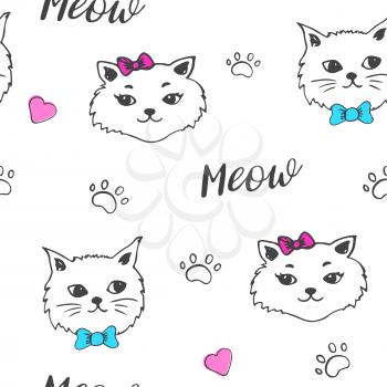 Cute cat seamless pattern. Decorative vector background with animals. Doodle style.