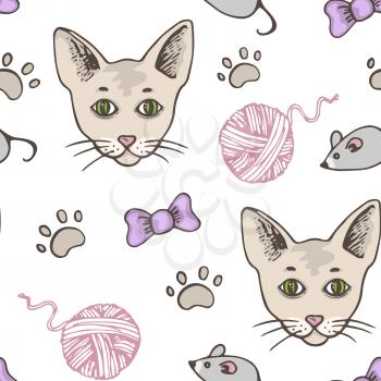 Seamless pattern with cute domestic cat and pet toys. Hand drawn vector background with animals