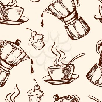 Vintage vector coffee seamless pattern with cup and coffee pot. Hand drawn illustration.