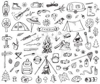 Set of doodle forest camping design elements. Hand drawn vector illustrations isolated on a white background.