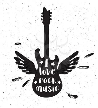 Grunge rock music poster with guitar silhouette on a white background. Vector illustration.