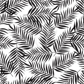 Decorative tropical seamless pattern with black palm leaves on a white background