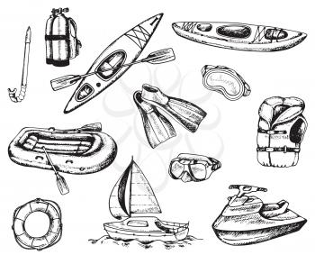 Water sport and travel icons. Set of hand drawn vector kayak, diving and rafting inventory