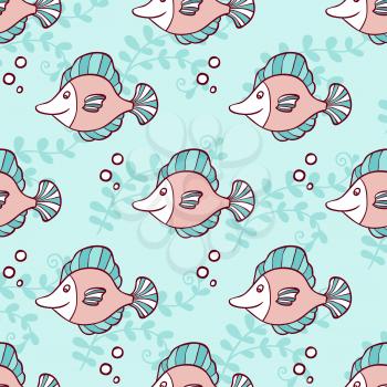 Marine seamless pattern with flounder on a green background.  Hand drawn vector illustration.