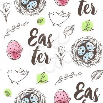 Hand drawn doodle Easter seamless pattern with eggs in the nest, bird and flowers on a white background. Vector illustration.