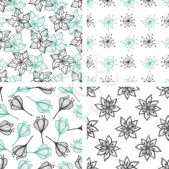 Set of decorative vector floral seamless patterns with green and black flowers on a white background