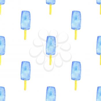 Watercolor seamless pattern with blue ice cream on a white background