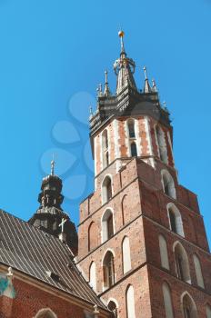 St. Mary's basilica in Krakow on a blue sky background
