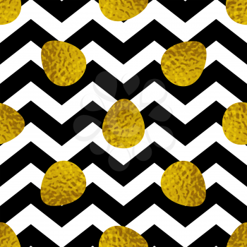 Easter seamless pattern with golden eggs on a black striped background. Vector illustration.