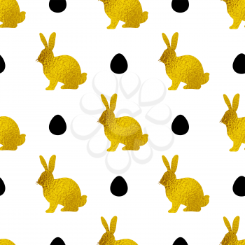 Easter seamless pattern with golden rabbits and eggs on a white background. Vector illustration.