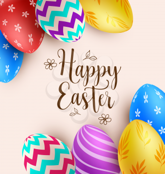 Decorative background with multicolored Easter eggs. Vector illustration. Happy Easter lettering