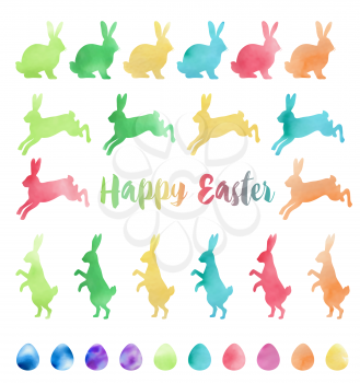 Set of vector watercolor Easter design elements. Easter rabbits and eggs on a white background.