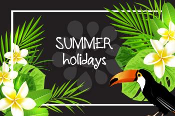 Summer tropical background with flowers, palm leaves and toucan bird. Vector illustration