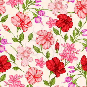 Tropical seamless pattern with red and pink flowers. Hand drawn vintage vector background.