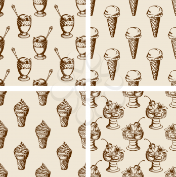 Vintage seamless patterns with different ice cream. Hand drawn vector backgrounds