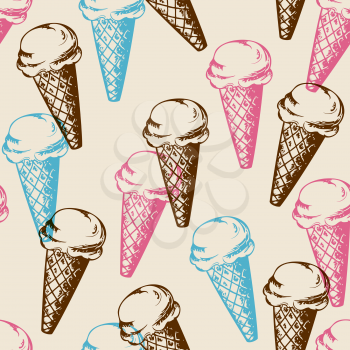 Vintage seamless patterns with ice cream. Hand drawn vector background