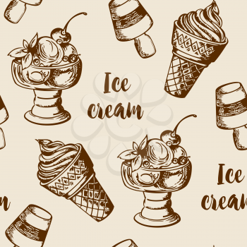 Vintage summer seamless pattern with different ice cream. Hand drawn vector background