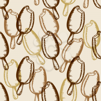 Vintage summer seamless pattern with chocolate ice cream. Hand drawn vector background
