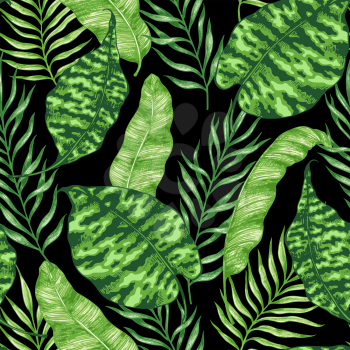 Tropical summer seamless pattern with green palm leaves on a black background. Hand drawn vector illustration