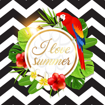 Summer round banner with tropical flowers, green palm leaves and red parrot on a black striped background. Vector illustration.