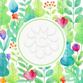 Watercolor floral frame with flowers and green leaves on a white background. Greeting card with flowers