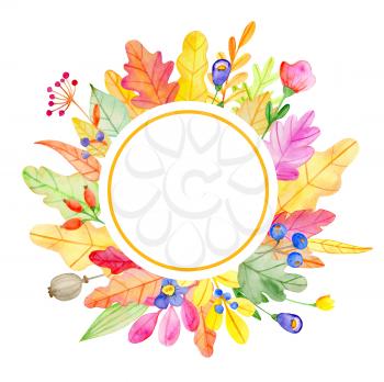 Watercolor autumn floral round banner with flowers and leaves on a white background.  Hand drawn illustration