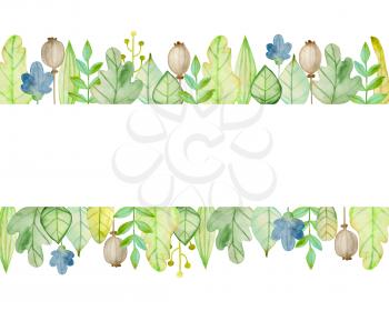 Watercolor autumn floral horizontal background with flowers and green leaves. Hand drawn illustration