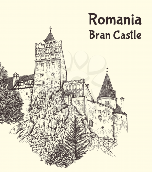 Medieval Bran Castle in Transylvania, Romania, known as Dracula's Castle.  Hand drawn vector illustration