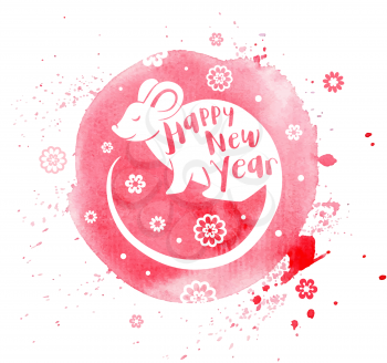 Cute rat symbol of Chinese zodiac for new year. Silhouette of rat and lettering on a pink watercolor background. Vector illustration